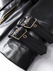 Black Faux Leather Trench Coat with Gold Buttons