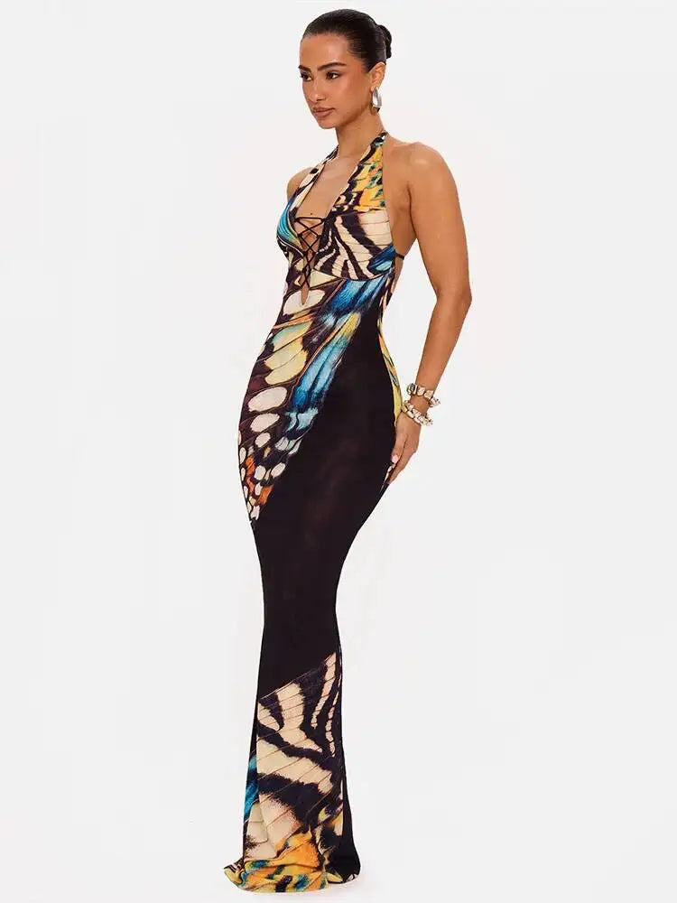 Butterfly print halter maxi dress three-quarter view