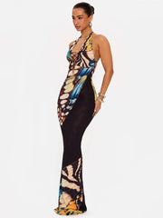 Butterfly print halter maxi dress three-quarter view