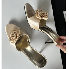 Champagne flower embellished kitten heel mules