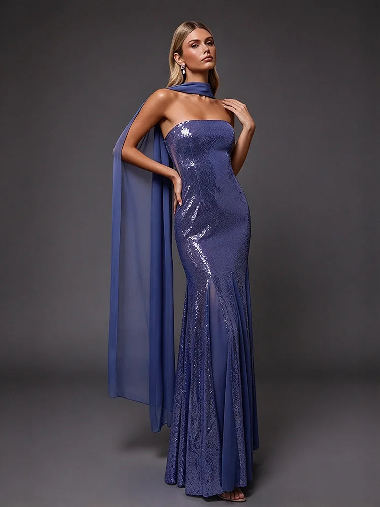 Sequin Strapless Mermaid Dress with Draped Sash