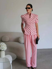 Polka Dot Puff Sleeve Mock Collar Top