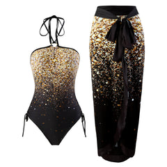 Tie-Strap V-Neck One-Piece Swimsuit with Matching Sarong Set
