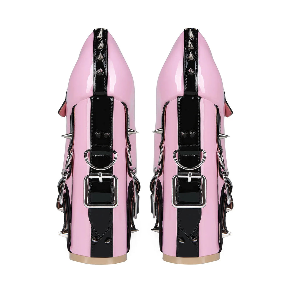 Rear view of pink patent leather platform chunky heel Mary Jane shoes