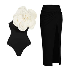 One-Shoulder Swimsuit with Oversized Flower Detail and Matching Printed Sarong Set