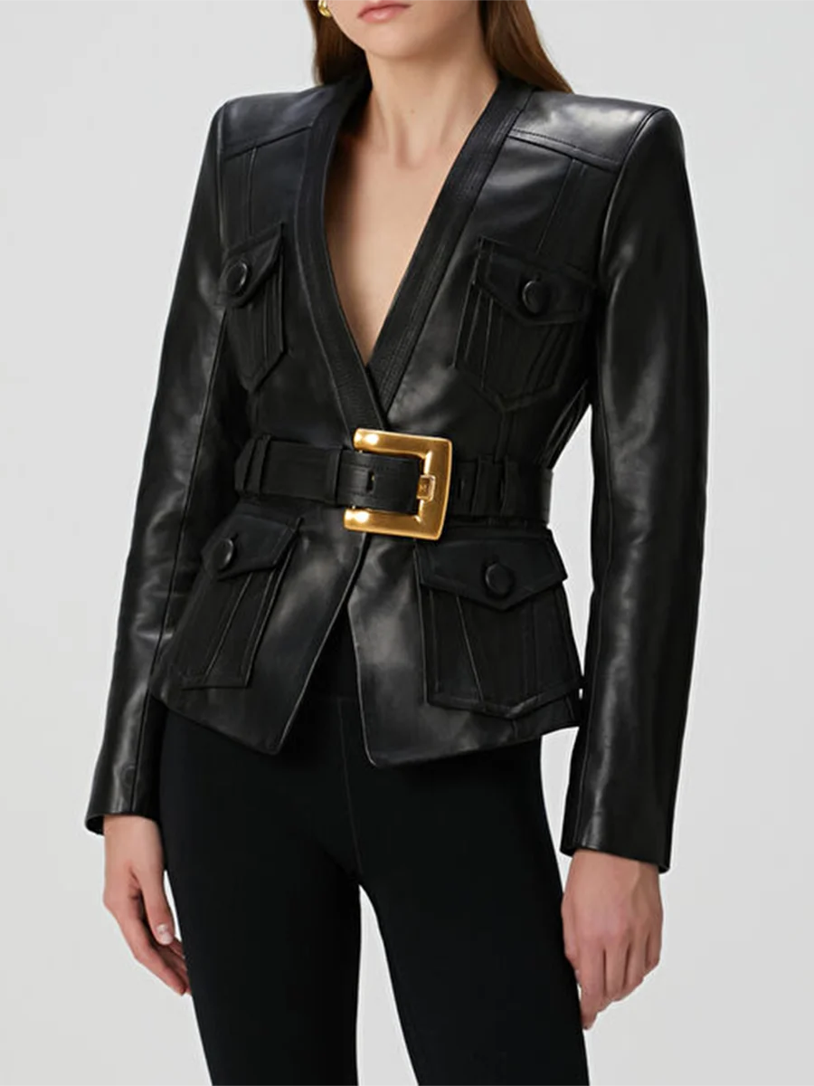 Black leather jacket with a gold belt on a white background