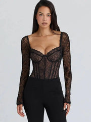 Floral lace square neck long sleeve romper front view
