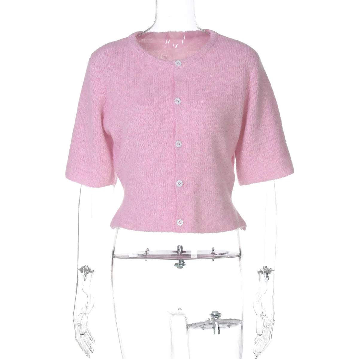 Pink short-sleeve cardigan on a mannequin against a white background