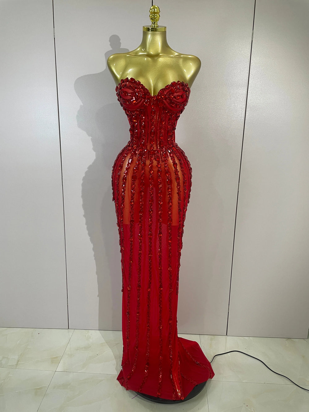 Red strapless embellished sheath dress