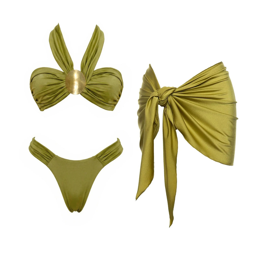 Green monochrome bikini and wrap skirt swimwear set