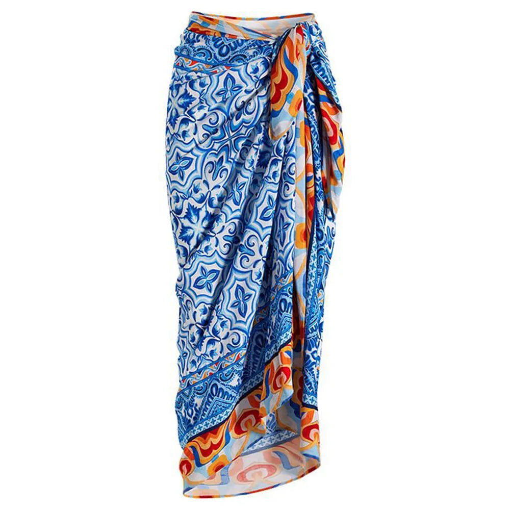 Mediterranean tile print spaghetti strap swimsuit and wrap skirt set