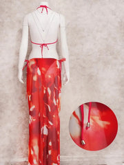 Printed Mesh Maxi Skirt and Bikini Top Swimwear Set