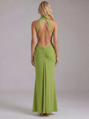 Green High Neck Draped Maxi Dress