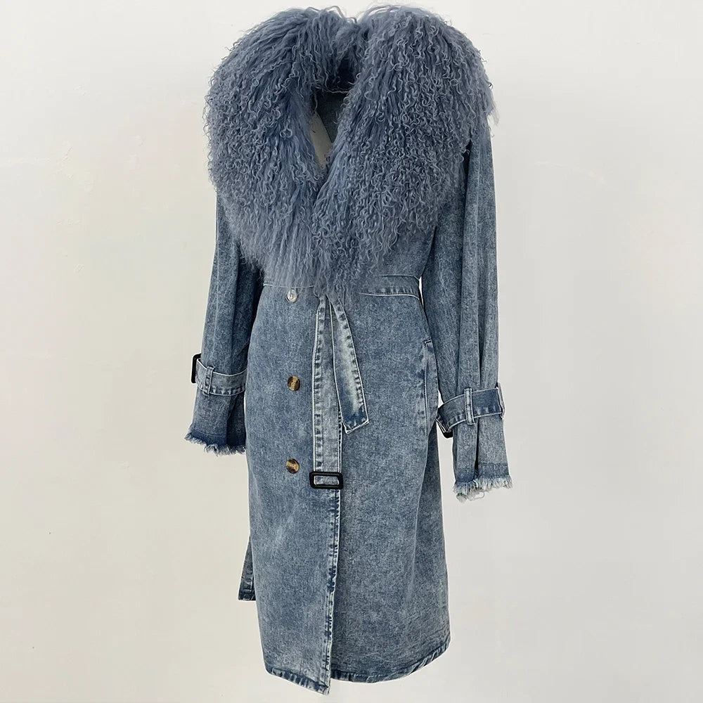 Blue denim coat with fur hood