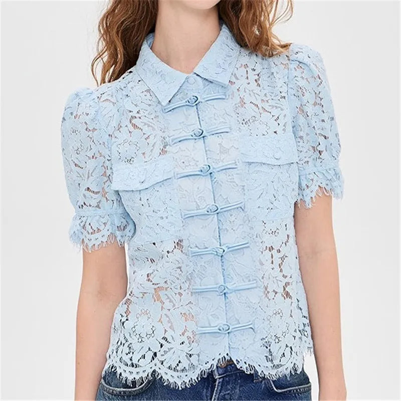 Light blue lace mandarin collar frog button puff sleeve shirt