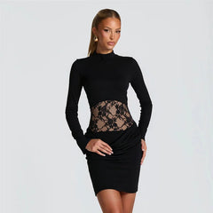 Lace Waist Bodycon Mini Dress with Sculpted Long Sleeves