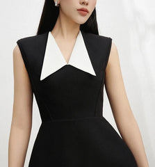Contrast Turn-down Collar Sleeveless A-line Office Lady Dress