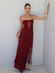 Burgundy Strapless Fringed Maxi Dress