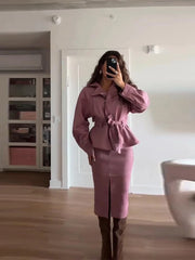 Pink Lapel Neck Belted Jacket with Slit Midi Skirt Two-Piece Set