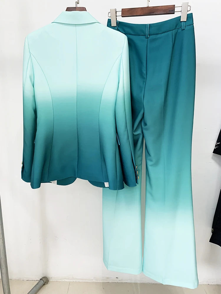 Back view of a green and light blue gradient ombre blazer and flare pants suit