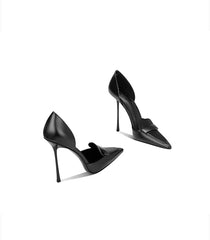 Black high-heeled shoes on a white background