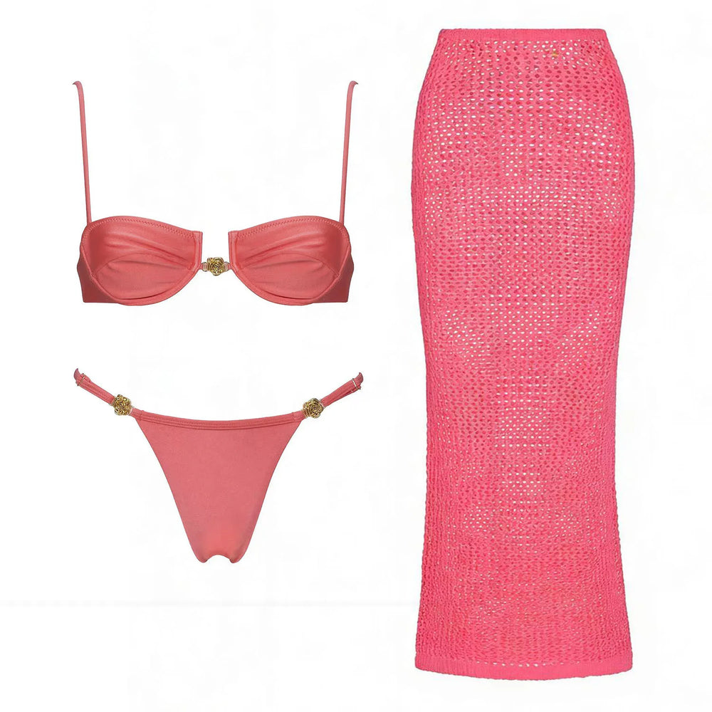 Pink crochet skirt swimsuit set