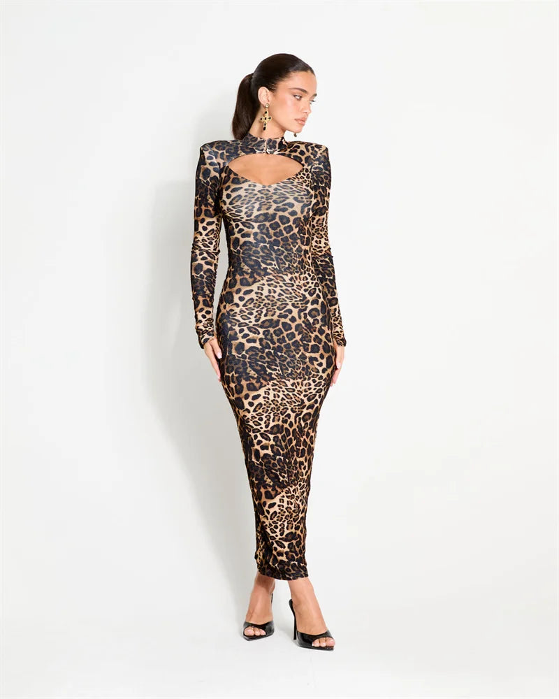 Leopard print high neck maxi dress with cutout