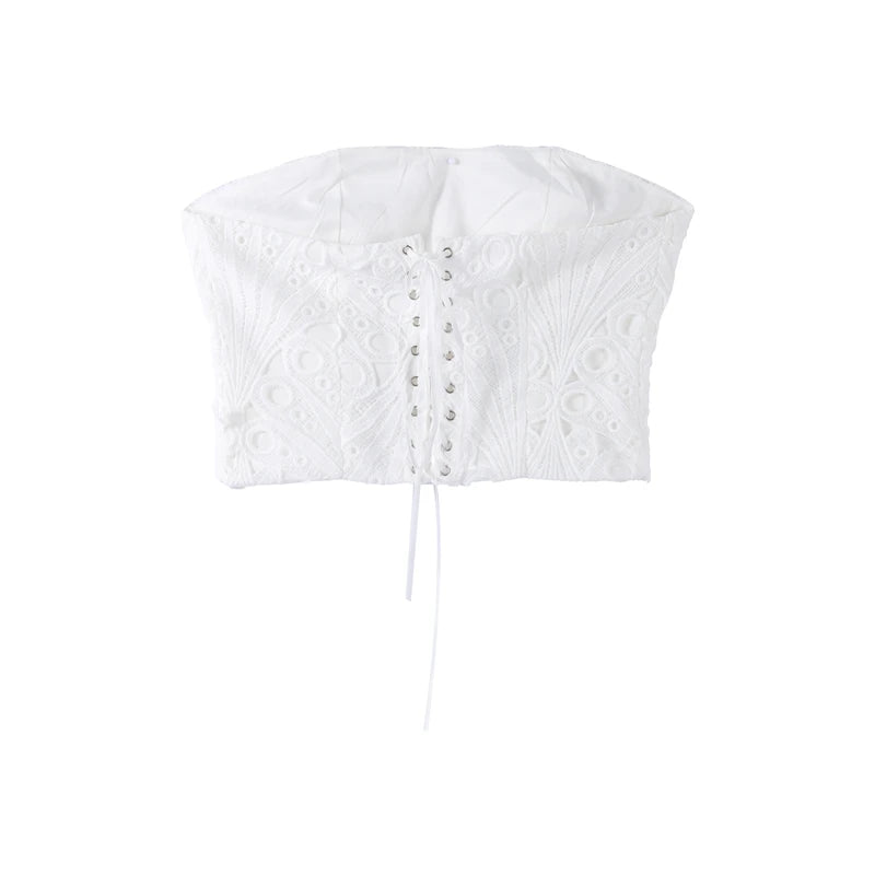 White lace bandeau top on a white background