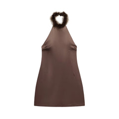 Brown halter dress with a fur-like top on a white background