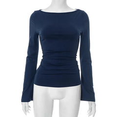 Navy blue long-sleeve top on a white mannequin against a white background
