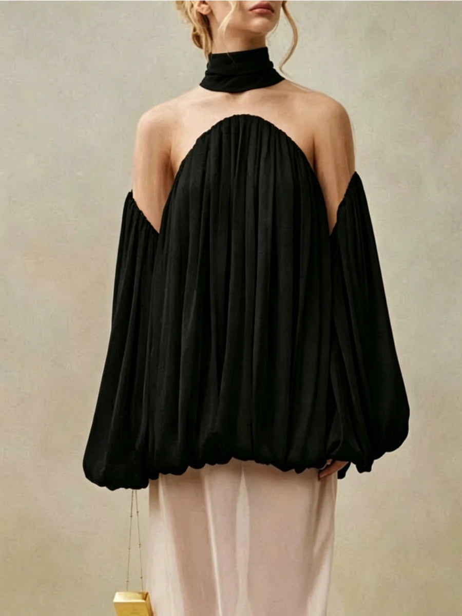 Black gathered off-shoulder balloon sleeve top