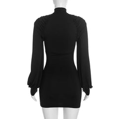 Ruched Mock Neck Long Sleeve Mini Dress