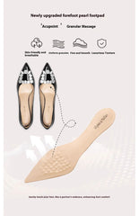 Shoe insert with pearl embellishments and product details on a white background