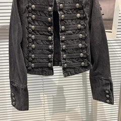 Detail of the sleeve cuff with multiple buttons on a black denim jacket.