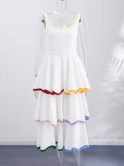 Tiered Contrast Seam Ruffle Trim Sleeveless Maxi Dress