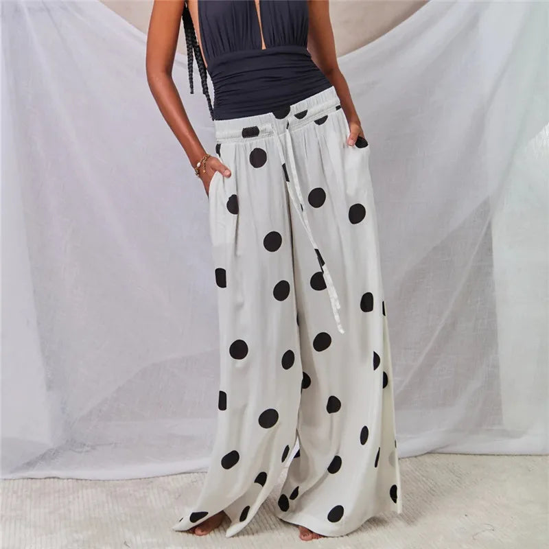 White polka dot wide leg palazzo pants