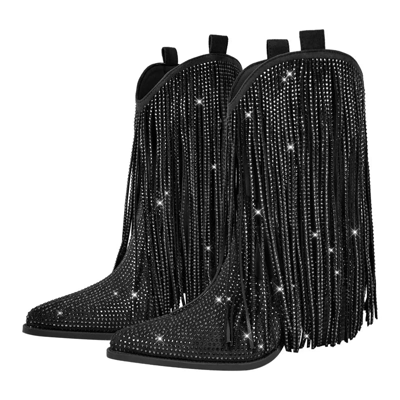 Black cowboy boots with fringes and rhinestones on a white background