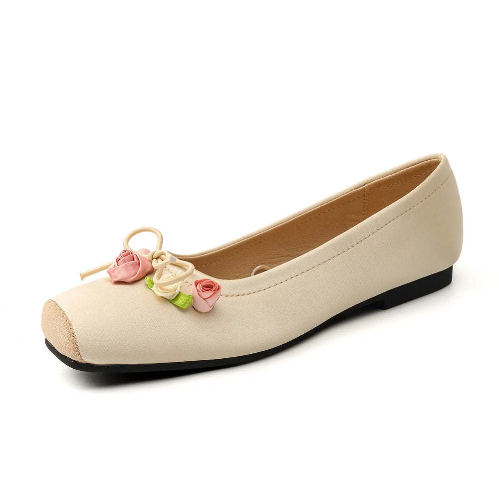 Apricot satin ballet flat with flower bow detail