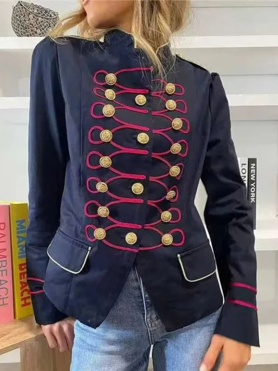 Military jacket with gold buttons and pink trim