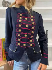Military jacket with gold buttons and pink trim