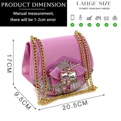 Pink handbag with gold chain and measurements on a white background