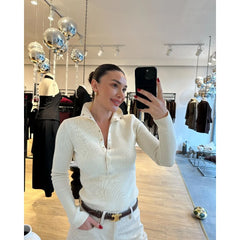 High-Neck Button-Up Ribbed Knit Top