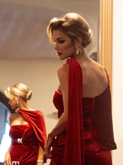 Red Velvet One-Shoulder Draped Gown with High Split