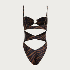 Zebra print cutout one-piece swimsuit displayed flat, back view.