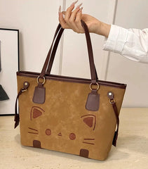 Cute Cat Face Suede Shoulder Tote Bag