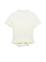 White blouse with ruffled details on a white background