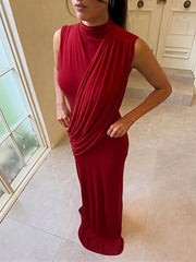 High Neck Draped Ruched Maxi Dress