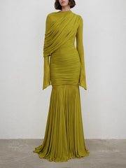 Draped Long Sleeve Mesh Maxi Dress