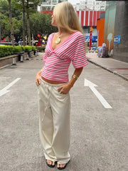 V-Neck Striped Knit Cropped Top with Dolman Sleeves