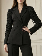 Pearl Beaded Tassel Shoulder Double Breasted Blazer